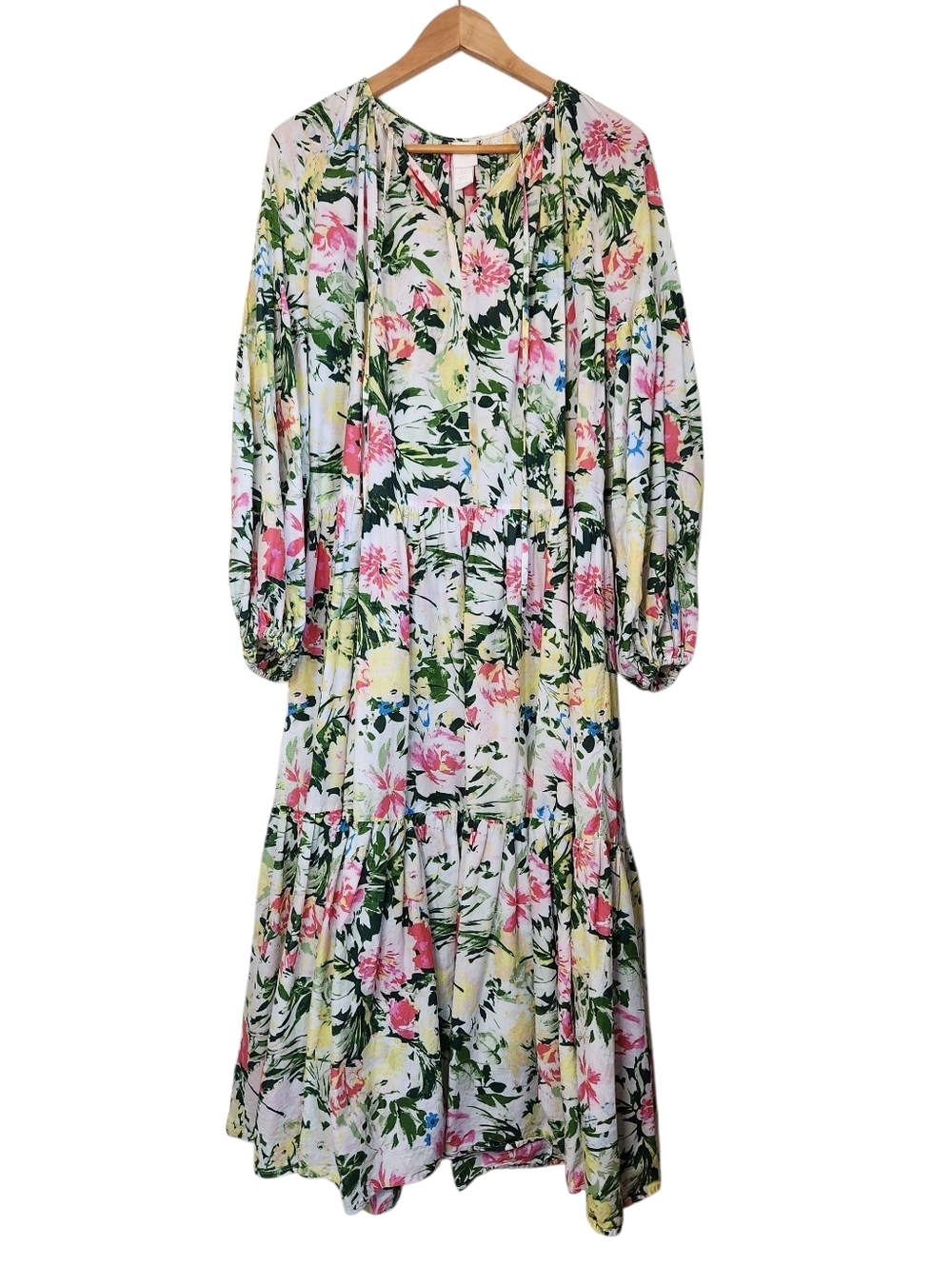H&M Floral Tiered Balloon Sleeve Oversized Midi Maxi Dress Womens Large